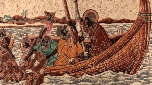 dans la barque, Pierre et Jésus, batik